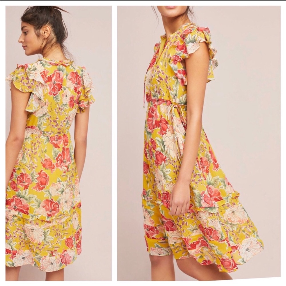Anthropologie - yellow, floral dress, petite S